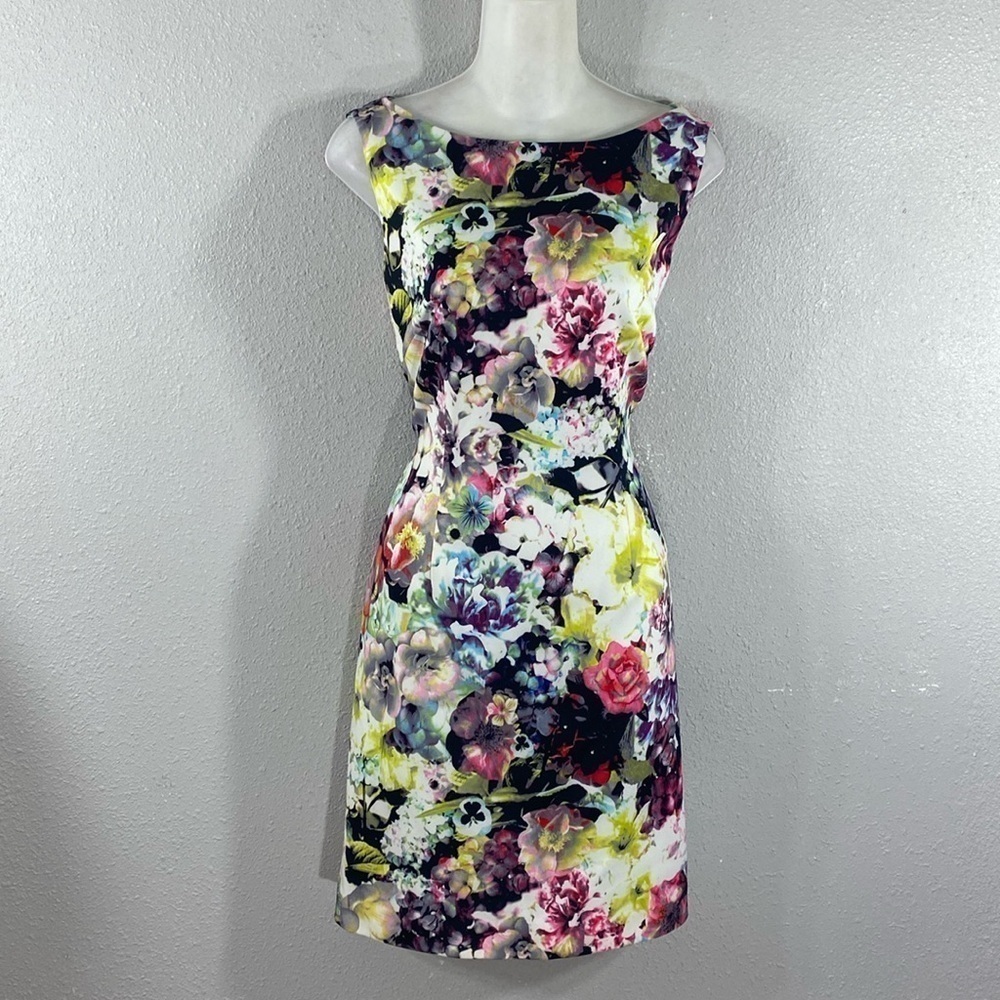 Tahari neon bold floral print boatneck sheath dress 8 PP3 - Picture 5 of 12